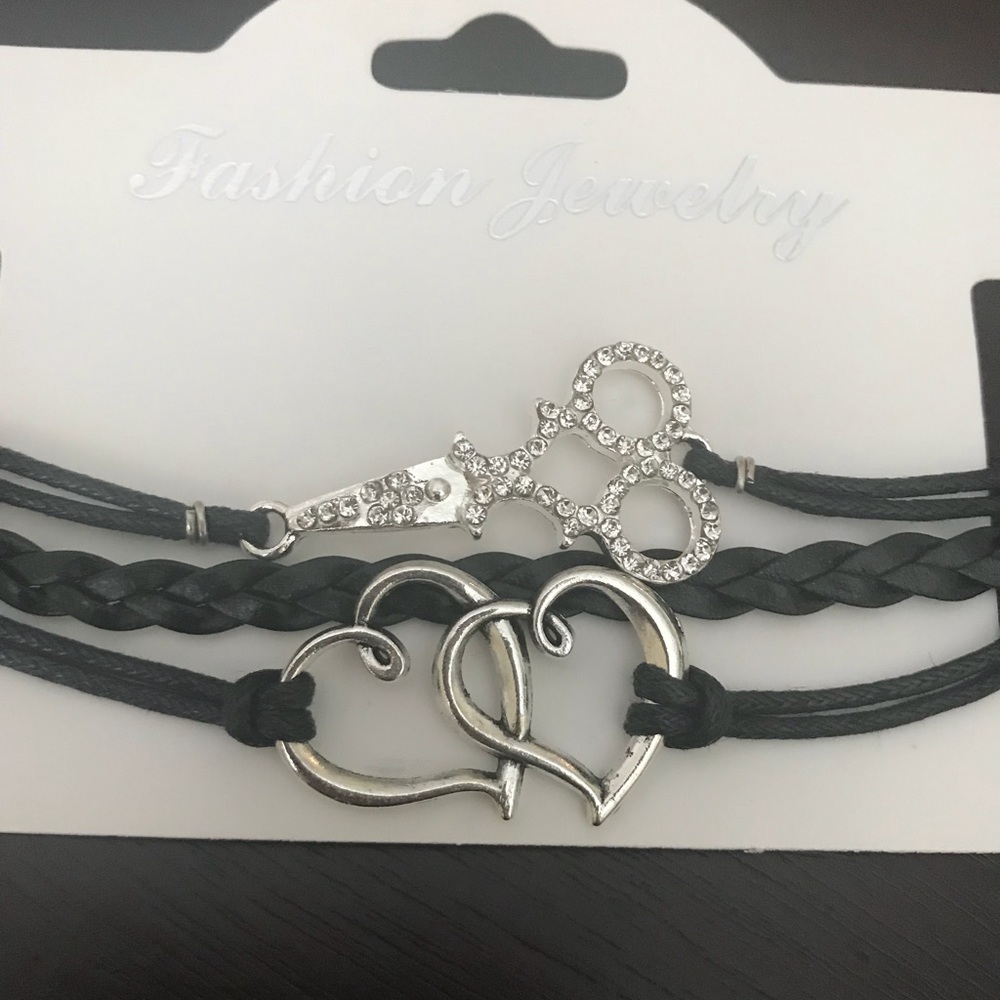 3 Black rope hair stylist scissor bling bracelets